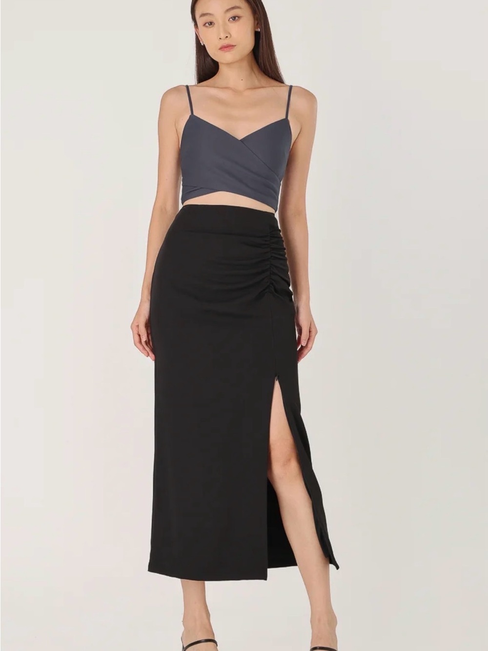 LOVET AURORA RUCHED COLUMN SLIT MAXI SKIRT - REGULAR (BLACK) XS NWT